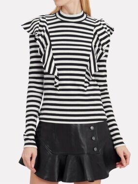 Veronica Beard Dawson Striped Ruffle Long Sleeve Knit Top Nautical Preppy Size L